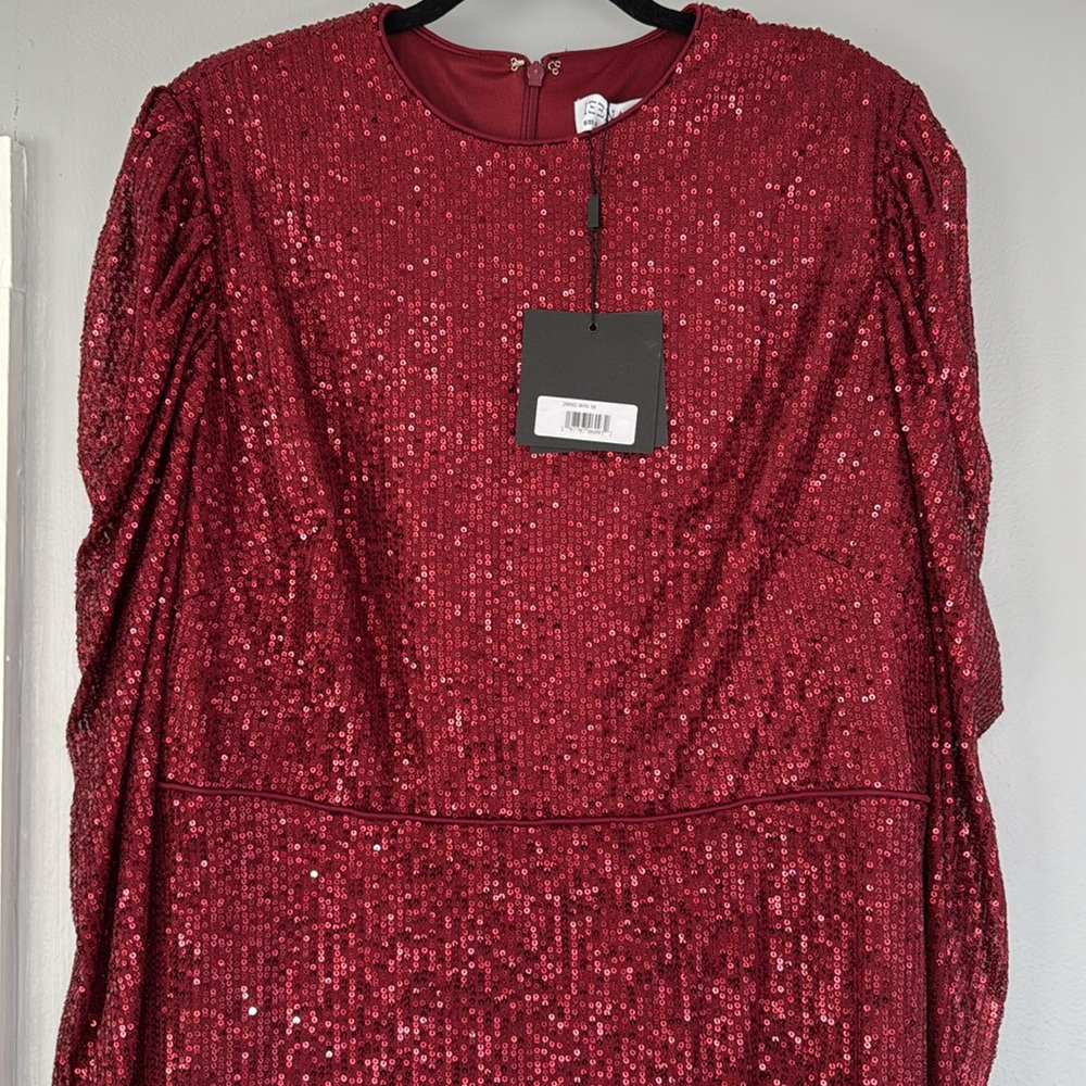 IEENA FOR MAC DUGGAL red wine 16 Sequined High Neck Puff Long Sleeve Column Gown - Picture 8 of 9